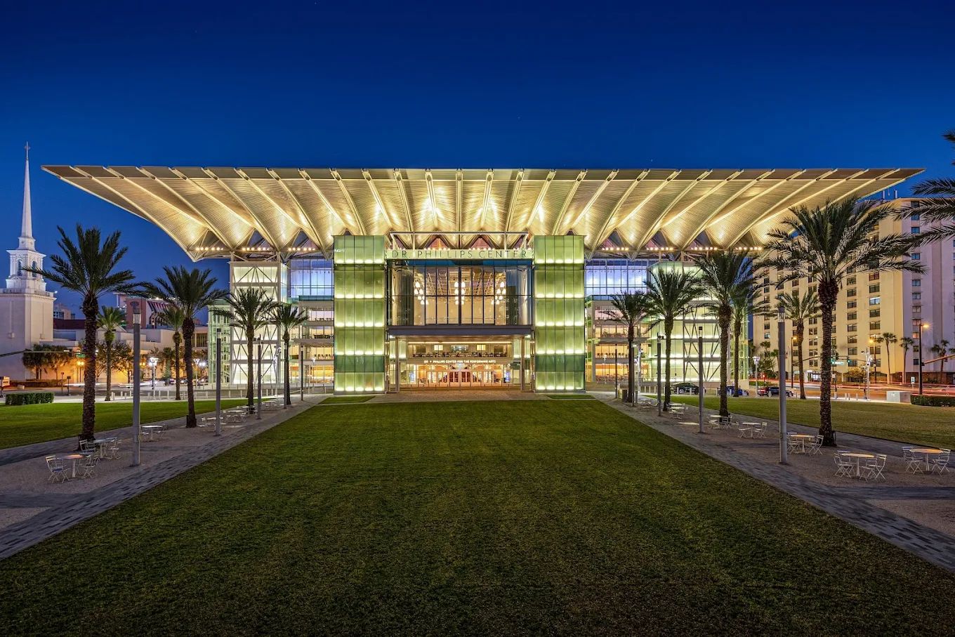 The Dr. Phillips Center for the Performing Arts at dusk
